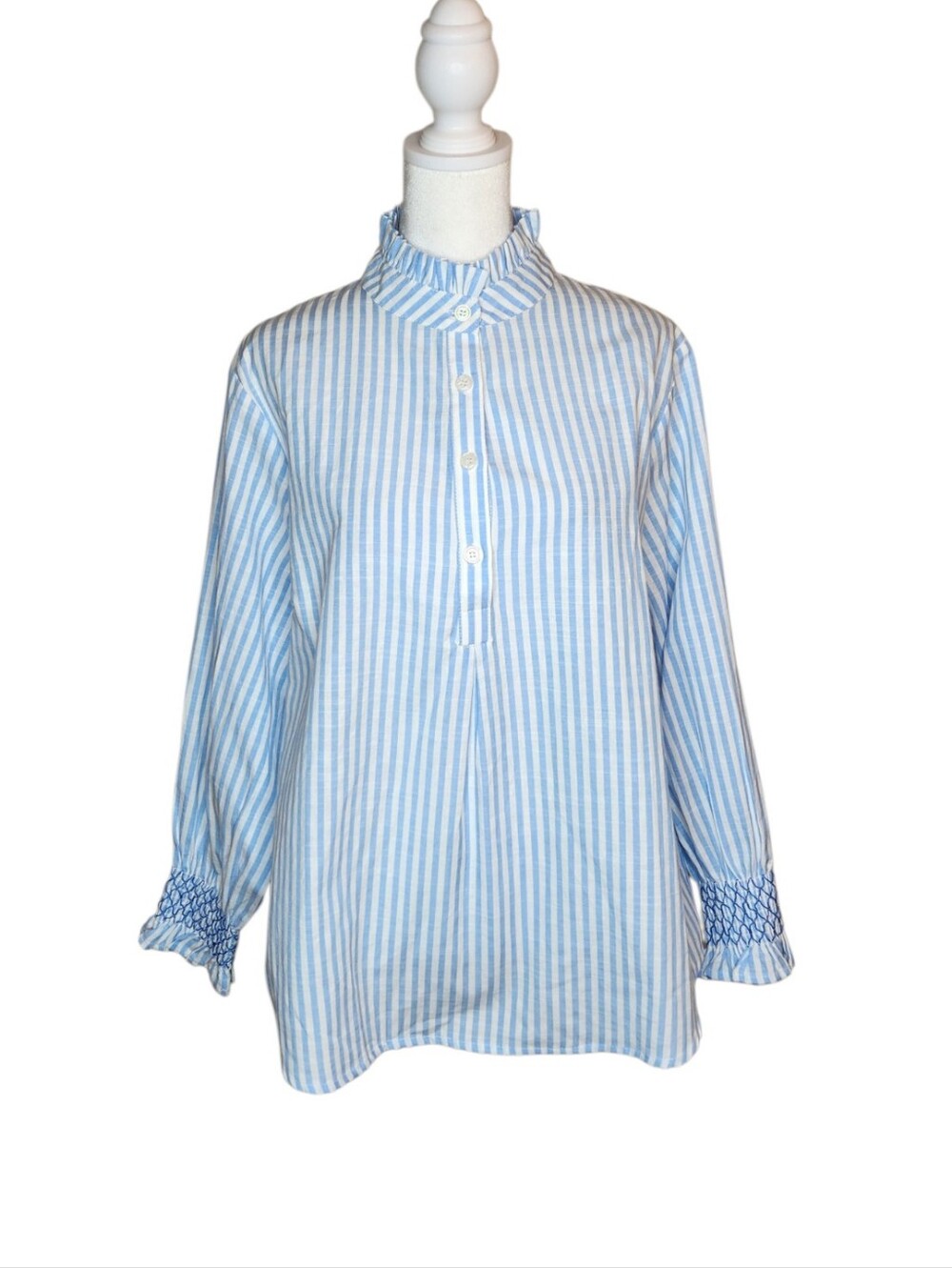 NEW Avara Stephanie Striped Blue and White Popover Top Ruffle Neck Size Large